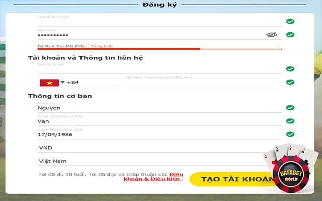 Tạo tài khoản để chơi mậu binh dafabet